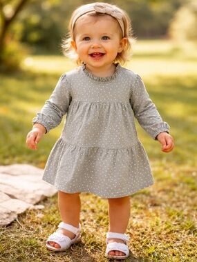 City Mouse Gray Polka Dot Baby Dress 12-18M | Ruffle Tiered Long Sleeve